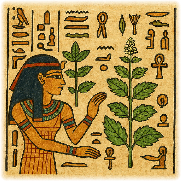 古代エジプト風のパピルスに書かれたスペアミントとパイナップルミント