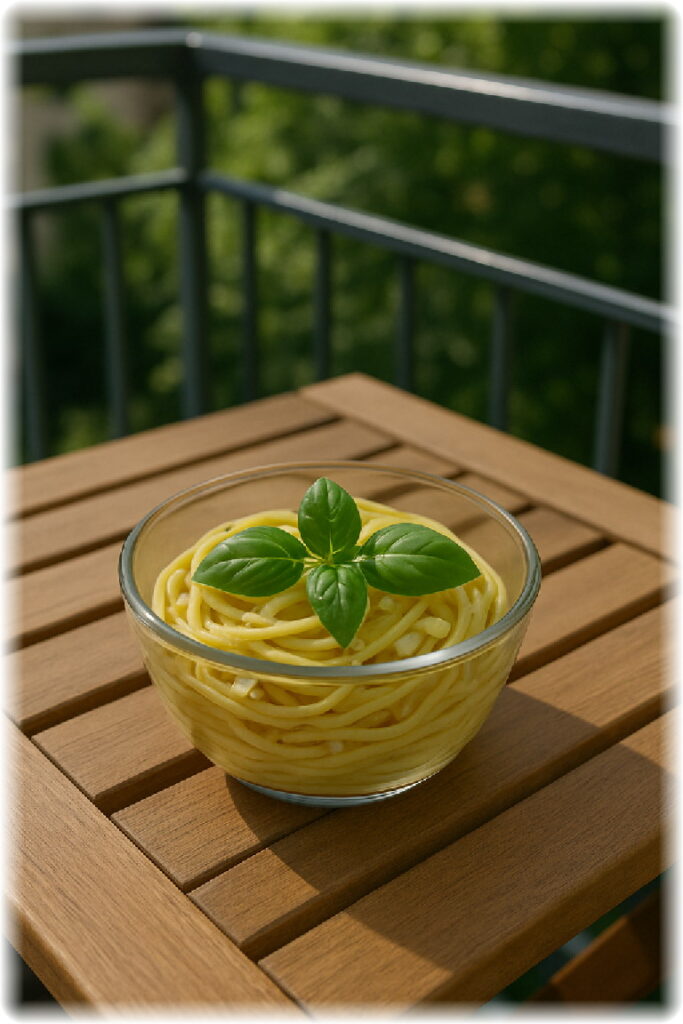 ベランダの木のテーブルの上のガラスの器に盛られたバジルとニンニクのパスタ