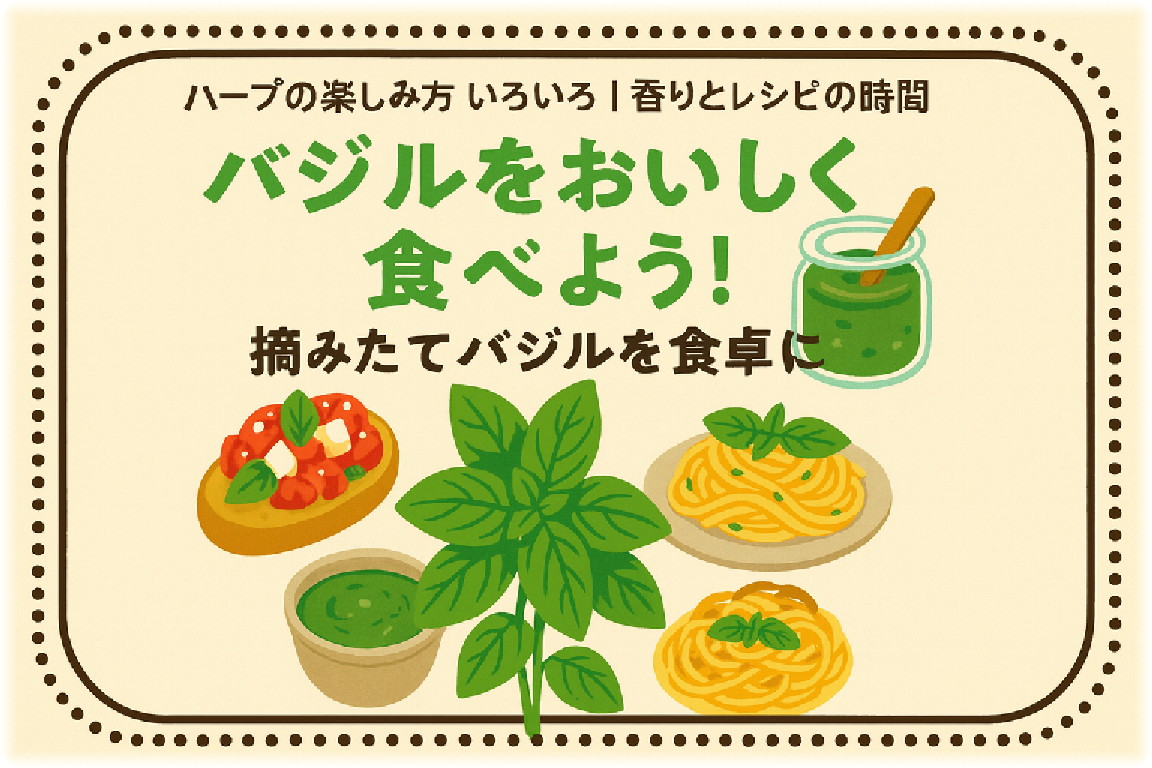 可愛くレトロな装飾に囲まれた、バジルとバジル料理を描いたアイキャッチ画像。中央にバジルの葉、その周囲にスパゲッティやブルスケッタ、バジルソースの瓶などが並ぶイラスト