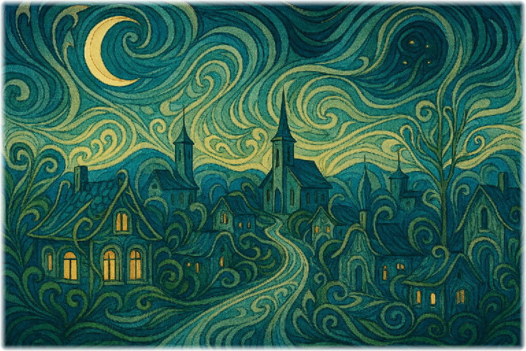 幻想的な夜の町並みと三日月