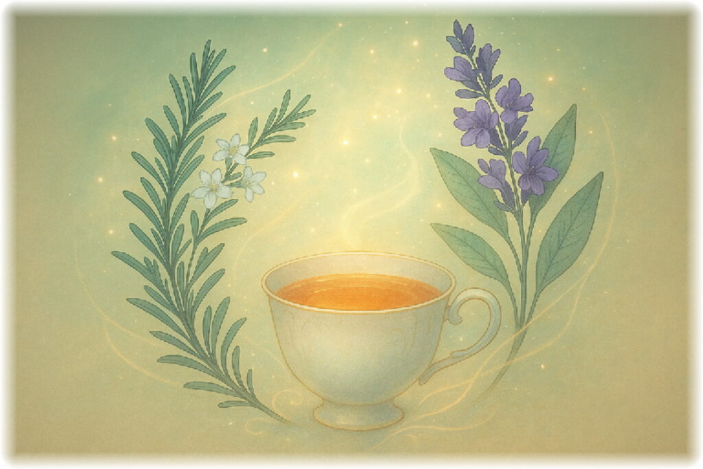 å¹»æ³çãªå
ã«å
ãŸããããŒãºããªãŒãšã»ãŒãžã®ã€ã©ã¹ããäžå€®ã«ãã£ãŒã«ãããçœãããŒãºããªãŒã®è±ãšçŽ«ã®ã»ãŒãžã®è±ãæãããŠãã