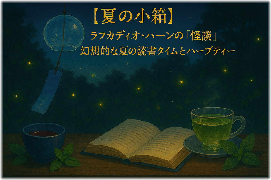 幻想的な夏の夜の日本の風景、風鈴と蛍の光の下でスペアミントとウスベニアオイのハーブティーと開かれた本が置かれた情景
