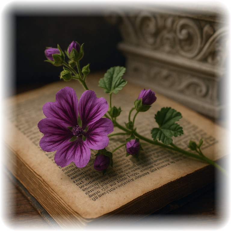 古書の上に置かれた紫色のウスベニアオイの花