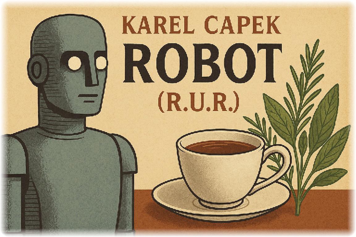 カレル・チャペック『ロボット（R.U.R.）』をイメージしたアイキャッチ。左に無機質な人型ロボット、右にローズマリーとセージ、中央にティーカップが描かれたレトロ調イラスト