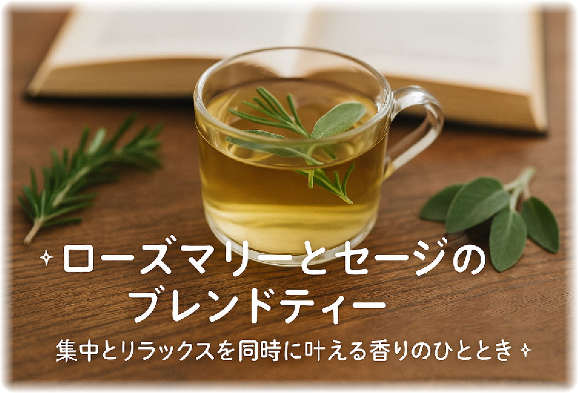 木製テーブルに置かれたローズマリーとセージのハーブティーと開いた本の写真。下部に「ローズマリーとセージのブレンドティー｜集中とリラックスを同時に叶える香りのひととき」のタイトル文字
