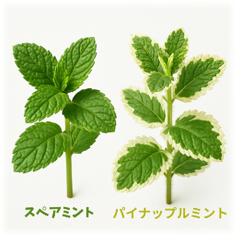 スペアミントとパイナップルミントの葉っぱ