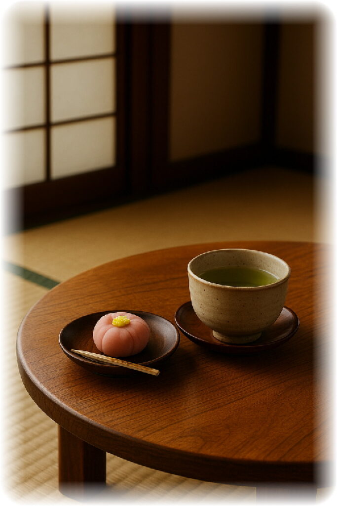 和室の木の丸いテーブルの上の和菓子と日本茶