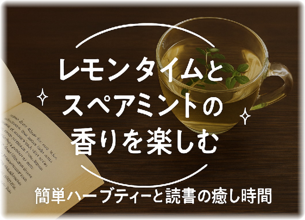 木製のテーブルの上、レモンタイムとスペアミントの葉が浮かぶハーブティーと横に開かれた本画像