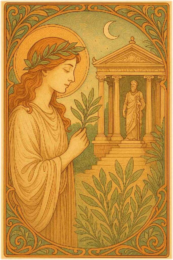 ã¢ãŒã«ã»ããŒãŽã©ãŒé¢šã®è£
食ã«å²ãŸãã巫女ãã»ãŒãžã®æãæã«ããã€ã©ã¹ããèæ¯ã«ã¯å€ä»£ã®ãªã·ã£ç¥æ®¿ãšå»ç¥ã¢ã¹ã¯ã¬ããªã¹åãæãããŠããã