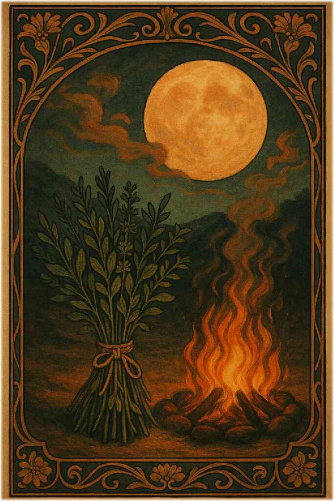 æºæãšçãç«ã®ãã°ã«æããããããŒããæãããã¢ãŒã«ã»ããŒãŽã©ãŒé¢šã®ã€ã©ã¹ããæ²ç·çãªæ€ç©æš¡æ§ã®è£
食ã«å²ãŸãããªã¬ã³ãžãšæ·±ç·ã®è²èª¿ãå¹»æ³çã§ç¥ç§çãªå€ã®é°å²æ°ã衚çŸããŠããã