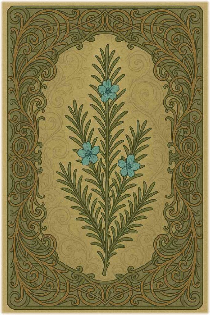 繊細で複雑な装飾に囲まれたアール・ヌーヴォー風のローズマリーのイラスト。金と緑を基調にした中世ヨーロッパ風の幻想的なデザイン。