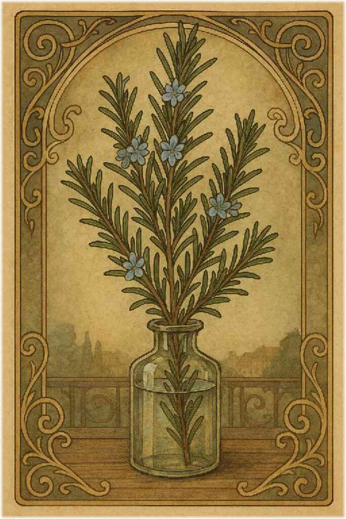 アールヌーボー風の挿絵。古いガラス瓶に挿されたローズマリーの枝と青い花が描かれ、背景には柔らかな光と有機的な装飾模様が広がる幻想的なデザイン