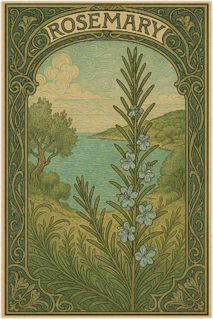 アール・ヌーヴォー風に描かれた地中海の風景とローズマリーのイラスト。曲線的な装飾に囲まれ、オリーブの木と青い海、丘陵が優雅に調和する幻想的なデザイン。