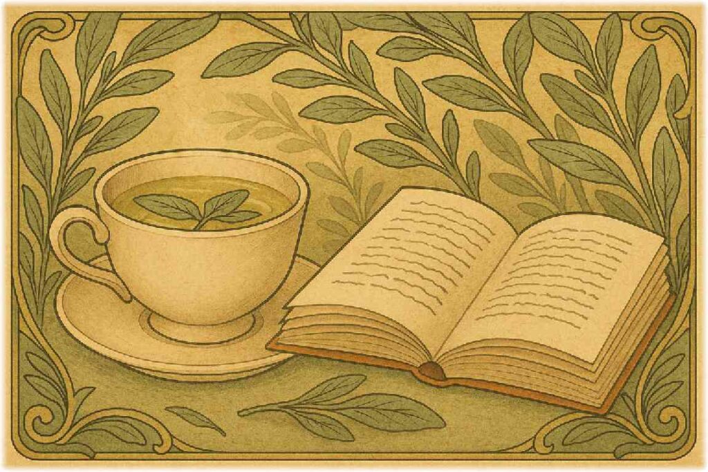 ã¢ãŒã«ã»ããŒãŽã©ãŒé¢šã®è£
食ã«å²ãŸããã»ãŒãžãã£ãŒã®ã«ãããšéãããæ¬ã®ã€ã©ã¹ããéè²ã®å
ãšæ€ç©æš¡æ§ã調åããå¹»æ³çãªé°å²æ°ã