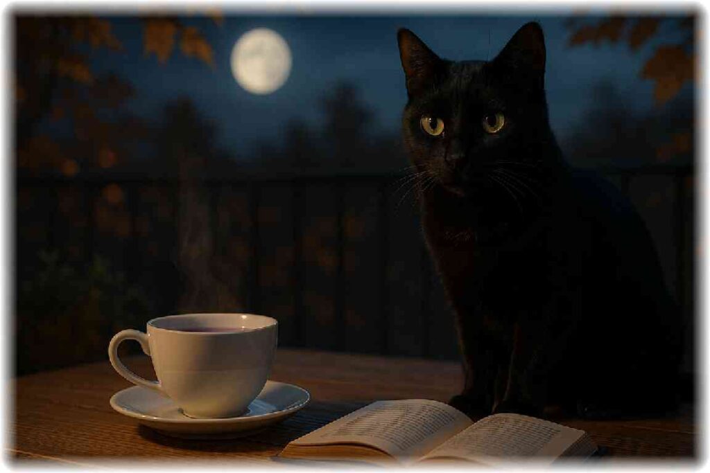 æšè£œããŒãã«ã®äžã§éãããæ¬ãšããŒããã£ãŒã®é£ã«åº§ãé»ç«ãèæ¯ã«ã¯æºæãèŒããç§ã®å€ã®ç©ãããªé°å²æ°ãåºããç»åã