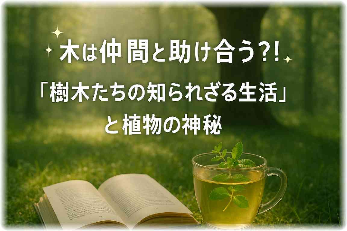 木漏れ日の差す森の中、草の上に開かれた本と、レモンタイムとスペアミントの葉が浮かぶハーブティーのガラスカップの画像。タイトル「木は仲間と助け合う？！『樹木たちの知られざる生活』と植物の神秘」が中央に配置されている。