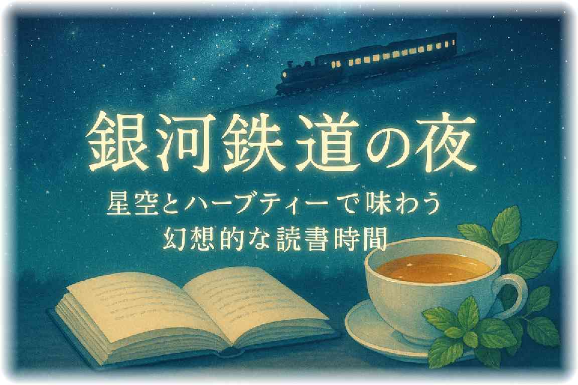 星空を走る銀河鉄道と開かれた本、横にスペアミントとレモンタイムのフレッシュ葉を添えたハーブティーが描かれた幻想的な夜のイラスト