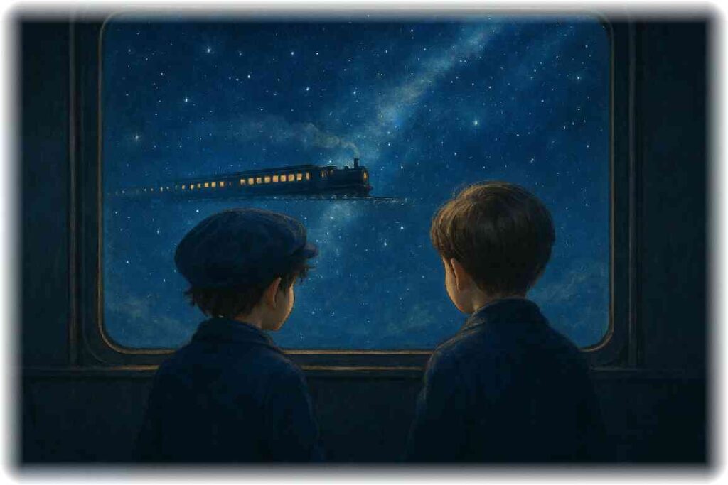 ジョバンニとカムパネルラが銀河鉄道に乗り、列車の窓の外に広がる星空を眺めている幻想的なイラスト