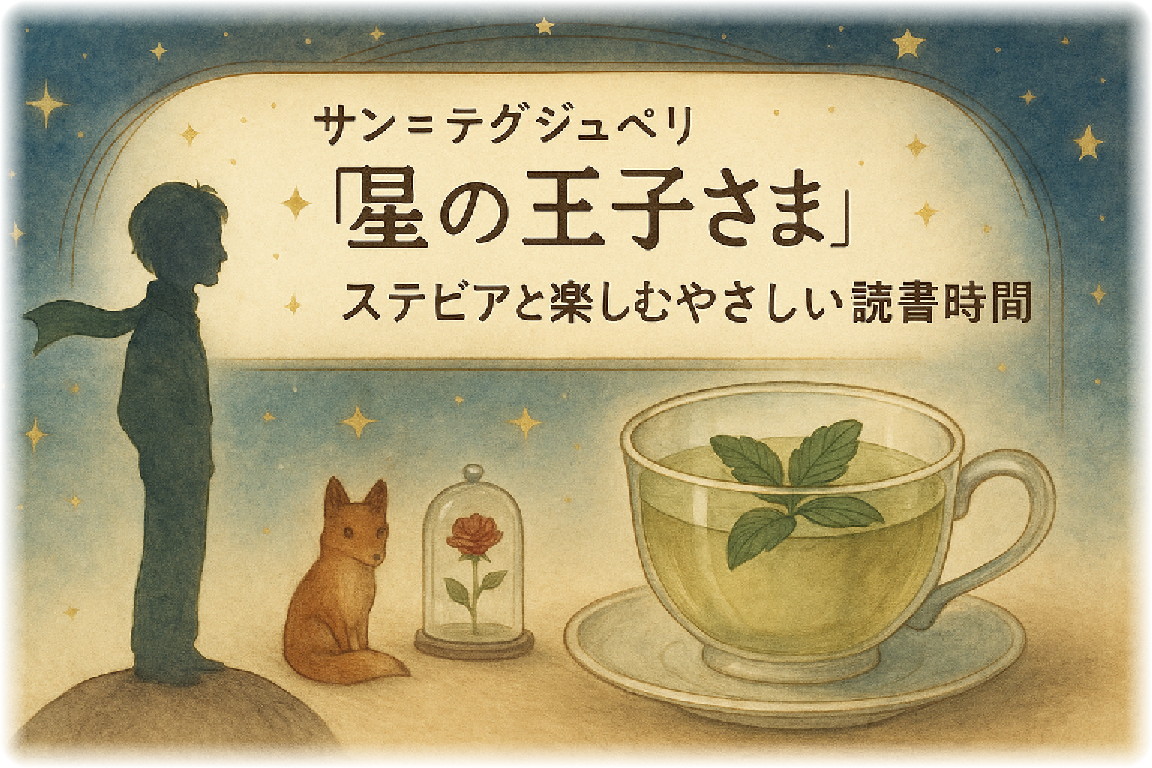 夜空に輝く星の下で『星の王子さま』とバラとキツネが描かれたイラスト。横にはステビアのハーブティーのカップが置かれている。