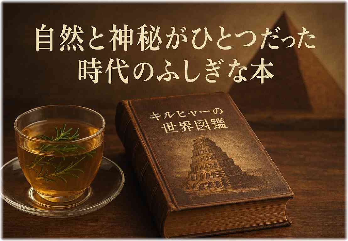 木製テーブルの上に置かれたローズマリーのハーブティーと古書『キルヒャーの世界図鑑』。 バベルの塔のイラストが描かれた表紙と柔らかな光が印象的なイラスト。