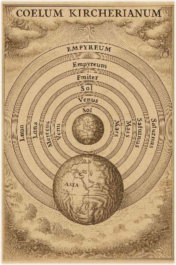 17世紀のキルヒャーの世界図鑑を思わせる天体図。地球を中心に月や惑星の軌道が円形に描かれ、宇宙の階層と調和を象徴するクラシカルな銅版画風イラスト。