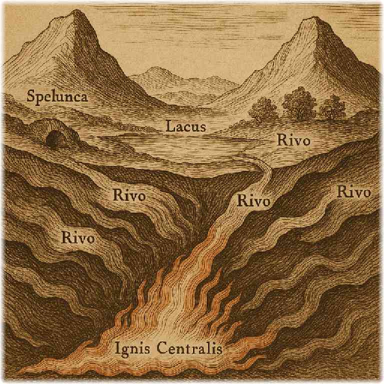 キルヒャーの『地下の世界』を思わせる地球断面図。地中に燃える火の川「Ignis Centralis」が流れ、地表には山と湖が描かれた神秘的な古書風イラスト。