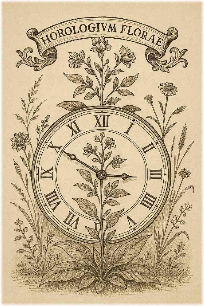 17世紀のキルヒャーの世界図鑑を思わせる植物時計の絵。円形の時計に朝から夜まで咲く花々が配置され、自然のリズムと時間の調和を表すクラシカルな銅版画調イラスト。