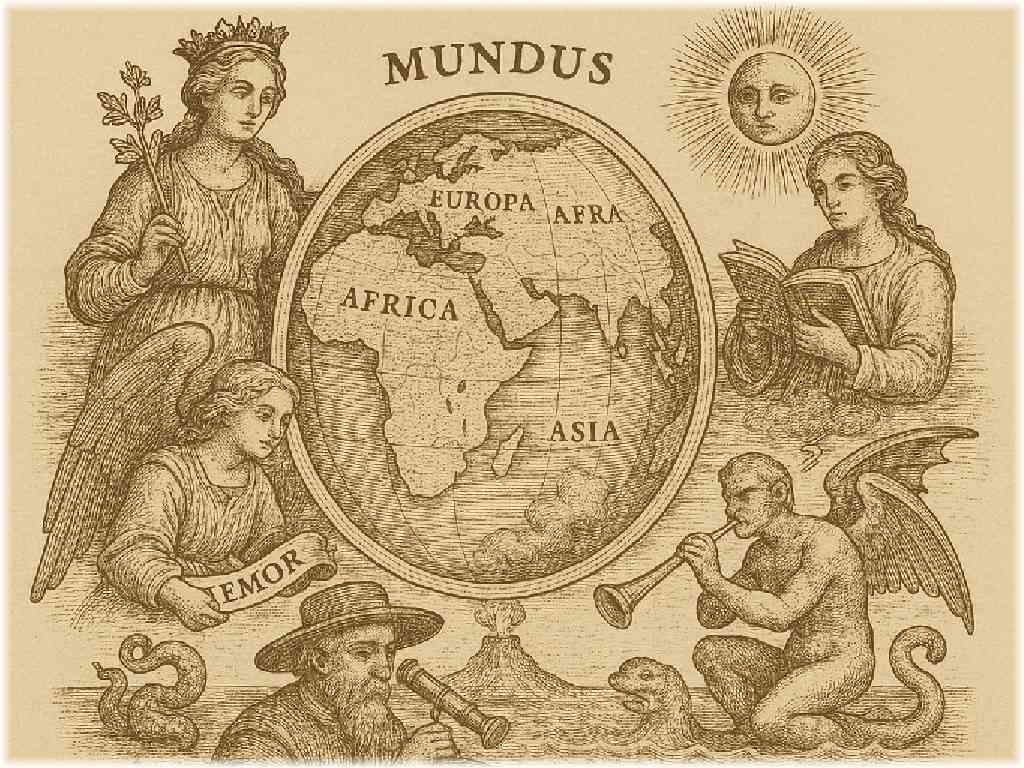 キルヒャーの世界図鑑を思わせるイラスト。