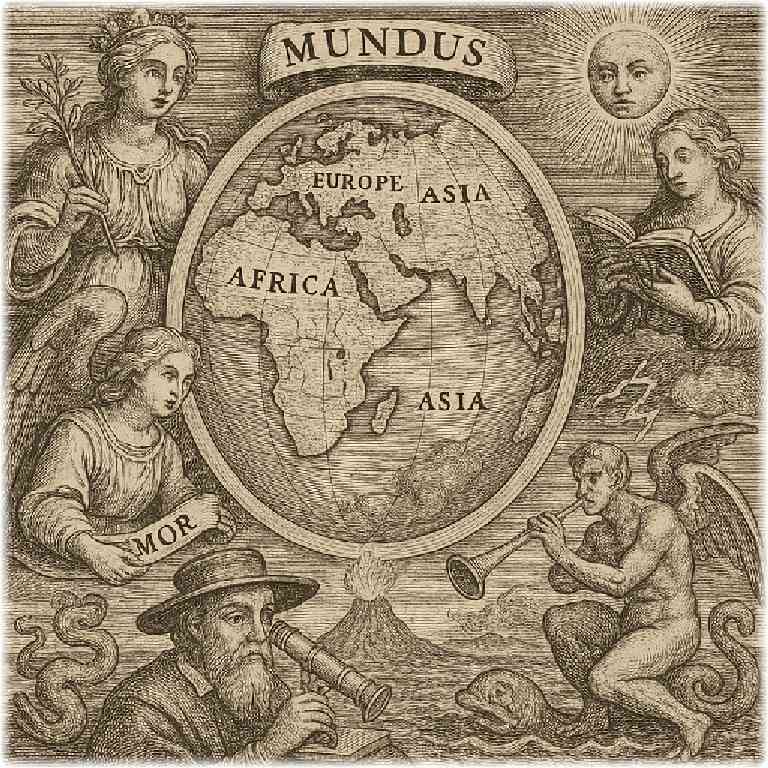 17世紀のキルヒャーの世界図鑑を思わせる天球儀と地球、天使や学者が描かれ、知と神秘の秩序を象徴するクラシカルな銅版画風イラスト。