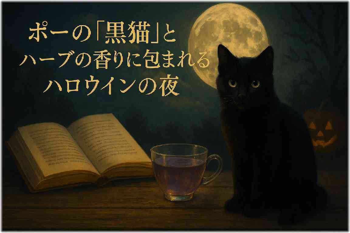 金色のアンティーク風フォントで「ポーの『黒猫』とハーブの香りに包まれるハロウィンの夜」と書かれたアイキャッチ画像。木製テーブルの上に黒猫、淡い紫のハーブティー、開かれた本、背景には満月が輝く幻想的な秋の夜のイラスト。