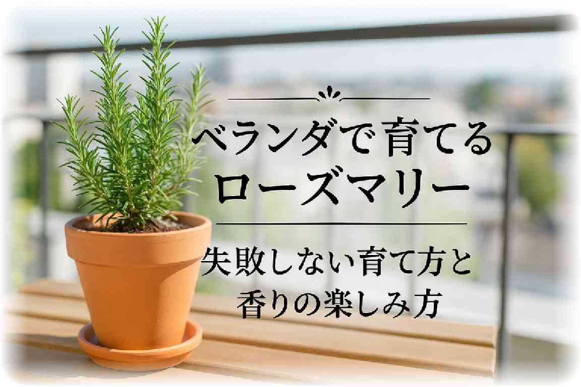 明るい日差しのベランダに置かれた鉢植えのローズマリー。中央にタイトル文字『ベランダで育てるローズマリー　失敗しない育て方と香りの楽しみ方』がある