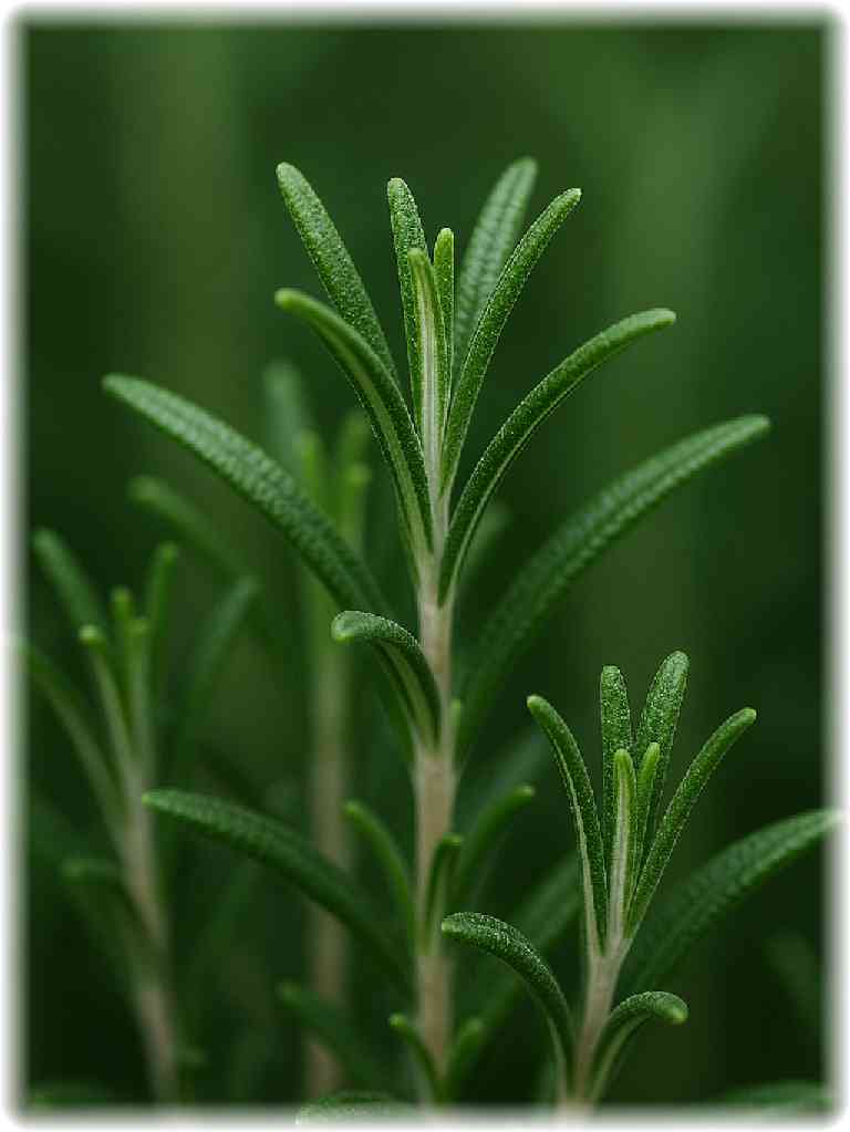 フレッシュなローズマリーの葉のクローズアップ。濃い緑の背景に映える若々しい芽とみずみずしい質感が印象的。
