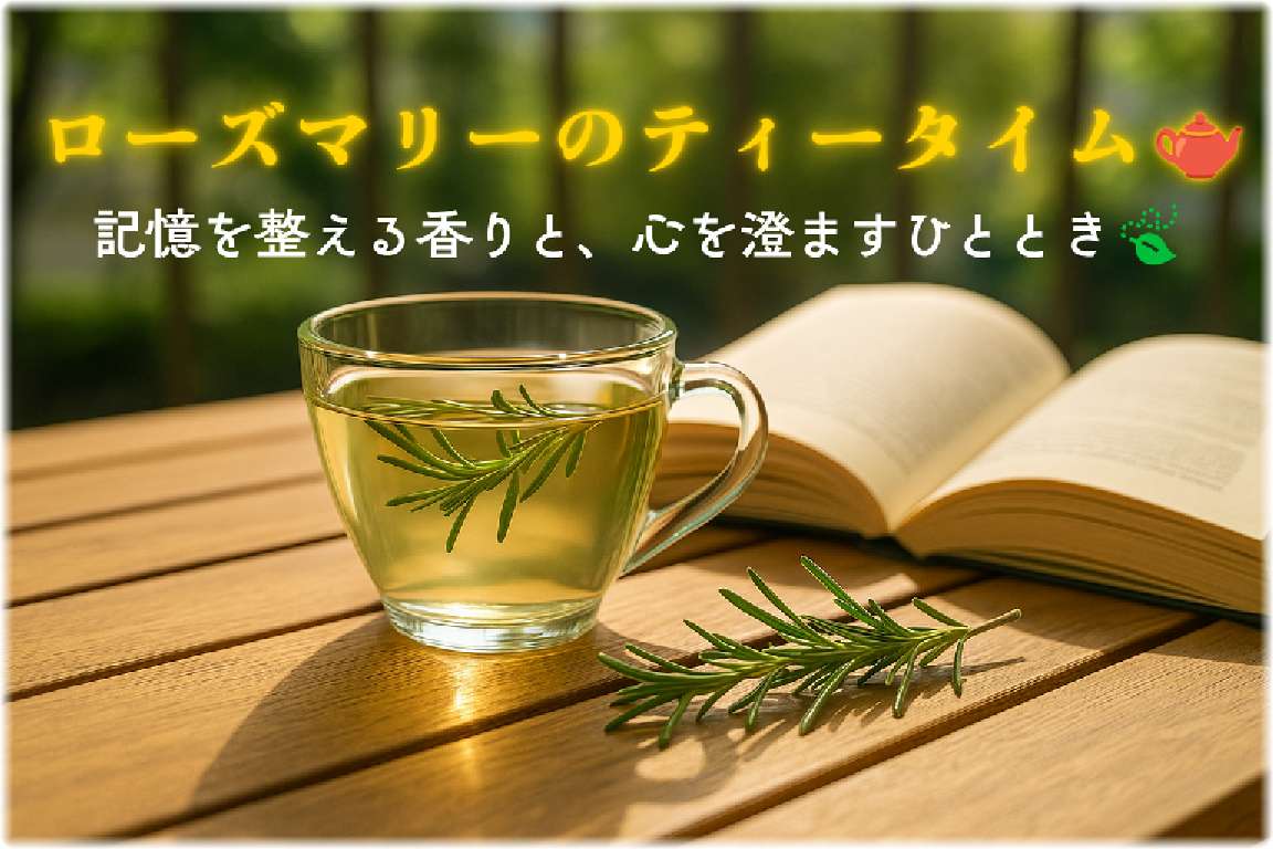 ベランダの木のテーブルの上にガラスカップのローズマリーティーとローズマリーの枝が置かれ、明るい日差しが差し込む写真。