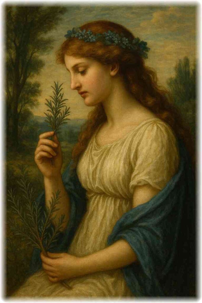 神話の女神のような女性がローズマリーの枝を手に、穏やかな表情で香りを感じている。古代の庭園を思わせる幻想的で静かな情景のイラスト。