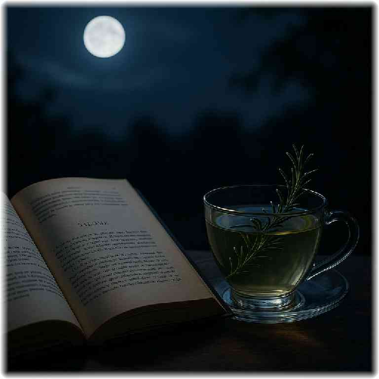 月明かりの下で開かれた本とローズマリーのハーブティーが描かれた幻想的なイラスト