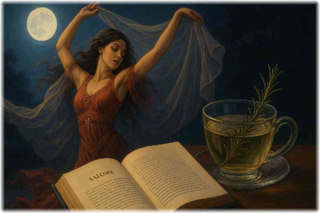月明かりの下、赤い衣をまとい踊る女性と、手前に置かれた『サロメ』の本とローズマリーのハーブティーのイラスト