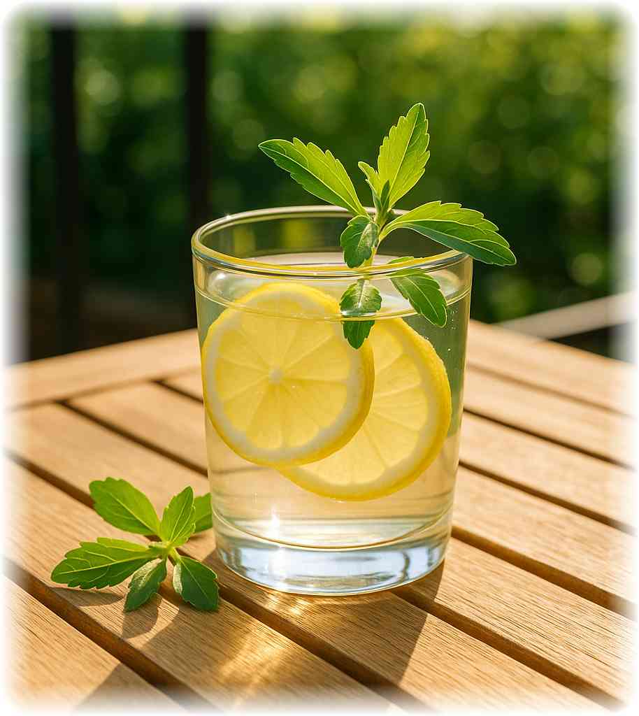 æããæ¥å·®ãã®äžããã©ã³ãã®æšã®ããŒãã«ã®äžãéæãªã°ã©ã¹ã«èåãã¬ã¢ã³ãšã¹ããã¢ã®ãã¬ãã·ã¥èãæµ®ãã¹ãã¬ã¢ã³æ°Žã®åç