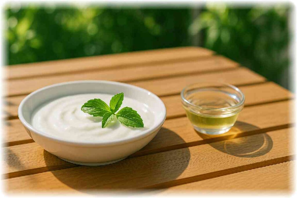 ãã©ã³ãã®æšã®ããŒãã«ã®äžããšãŒã°ã«ãã«ã¹ããã¢ã®ãã¬ãã·ã¥èãã®ããæšªã«å°ããªã¬ã©ã¹ã®åšã«å
¥ã£ãã¹ããã¢ã®ã·ãããã䞊ãã§ããåç