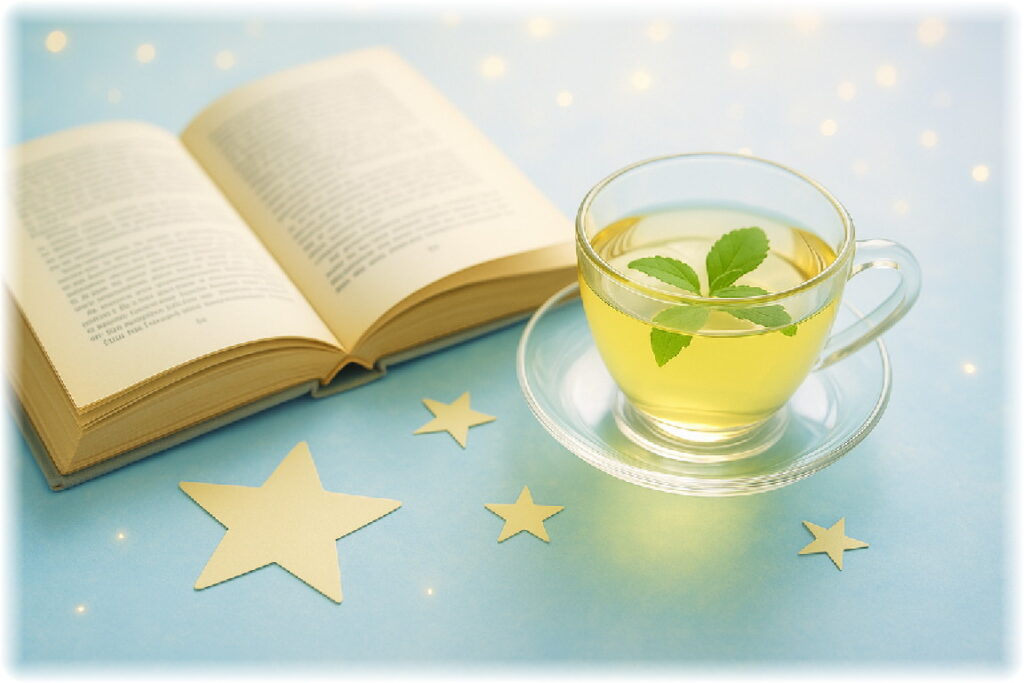 æ°Žè²ã®ããŒãã«ã«æ£ãã°ãæã®é£Ÿãã®äžãå
ã«ç
§ããããæŽæžãšã¬ã©ã¹ã«ããã®ã¹ããã¢ããŒããã£ãŒã®åç