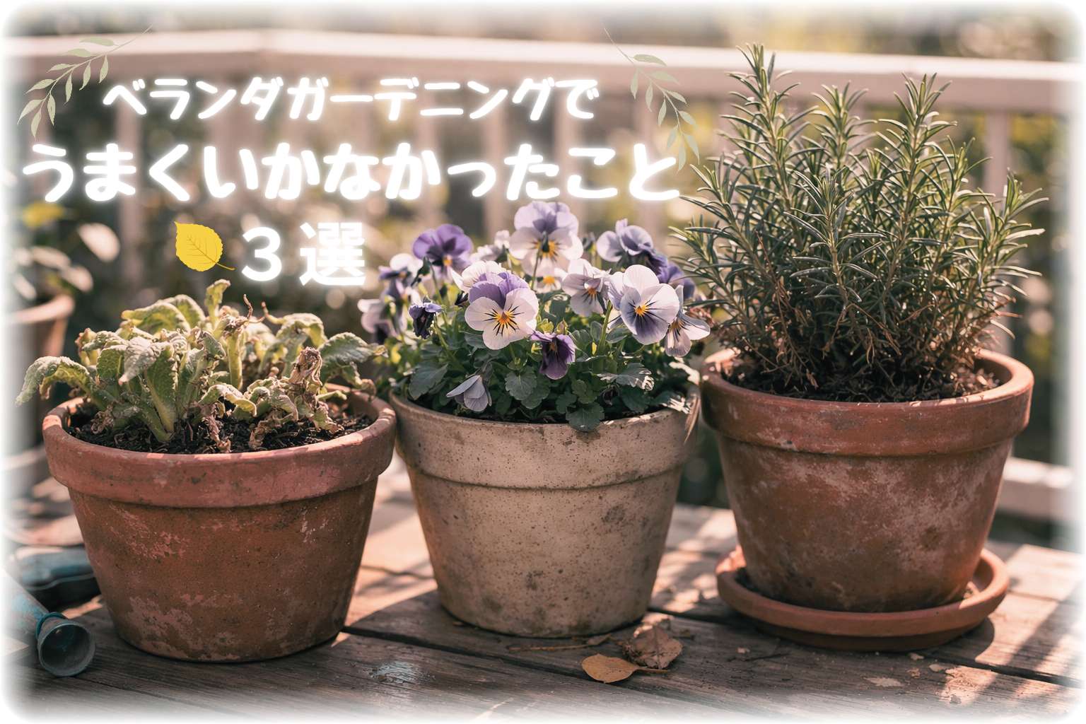 お日様が差し込むベランダで、アイスプラントとスミレ、ローズマリーの鉢が並ぶ様子