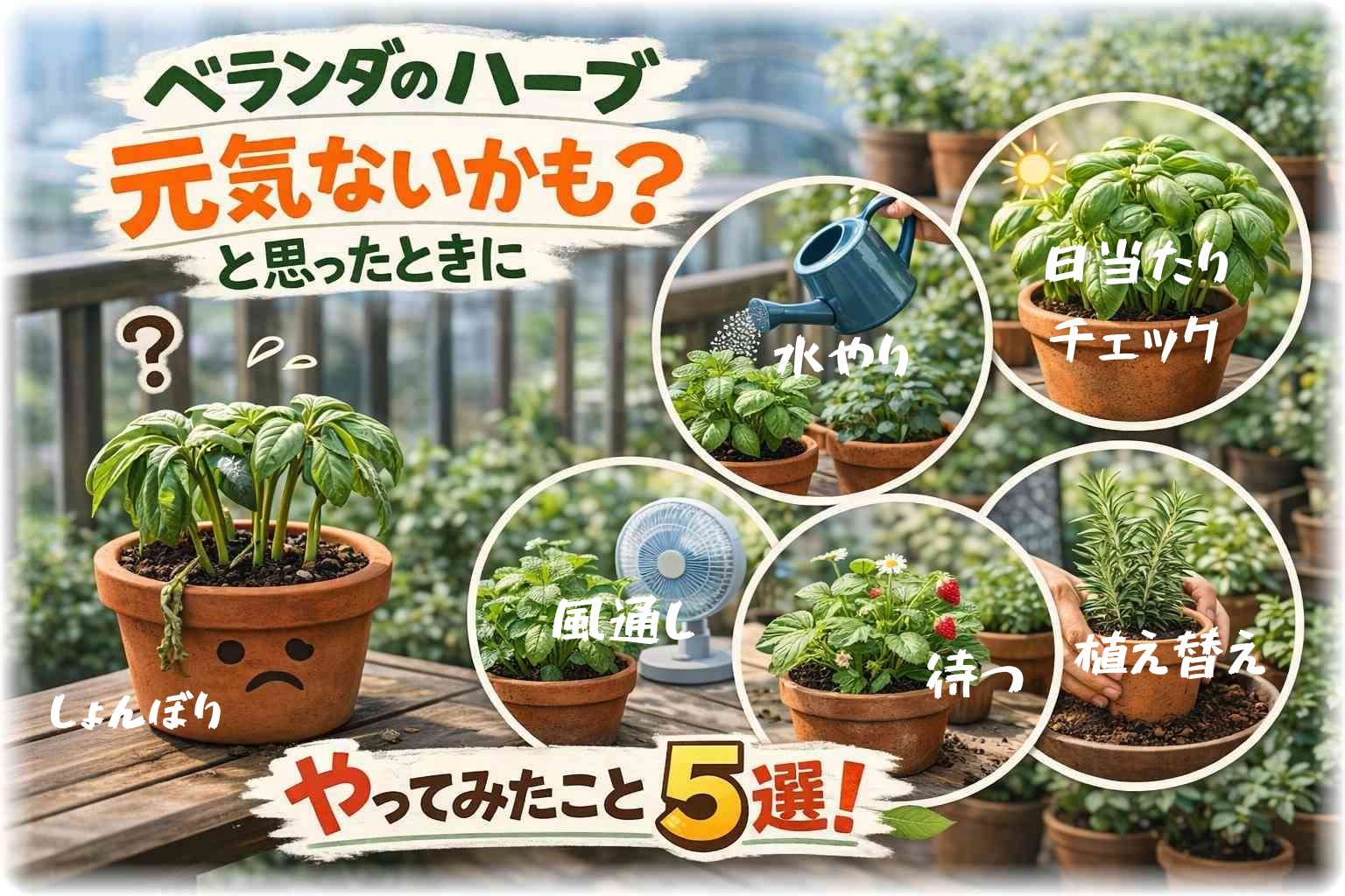 ベランダで日当たりや水やり、風通しを確認しながら、元気がない鉢植えハーブを手入れしている様子