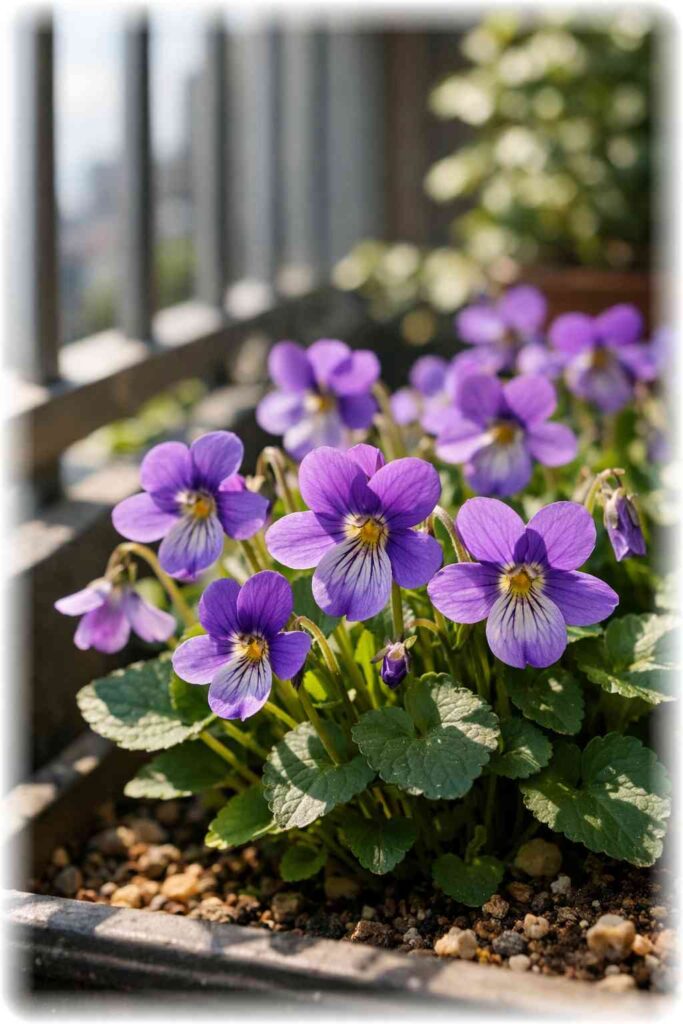 ベランダでお日様の光に照らされて咲く日本産の在来種スミレ