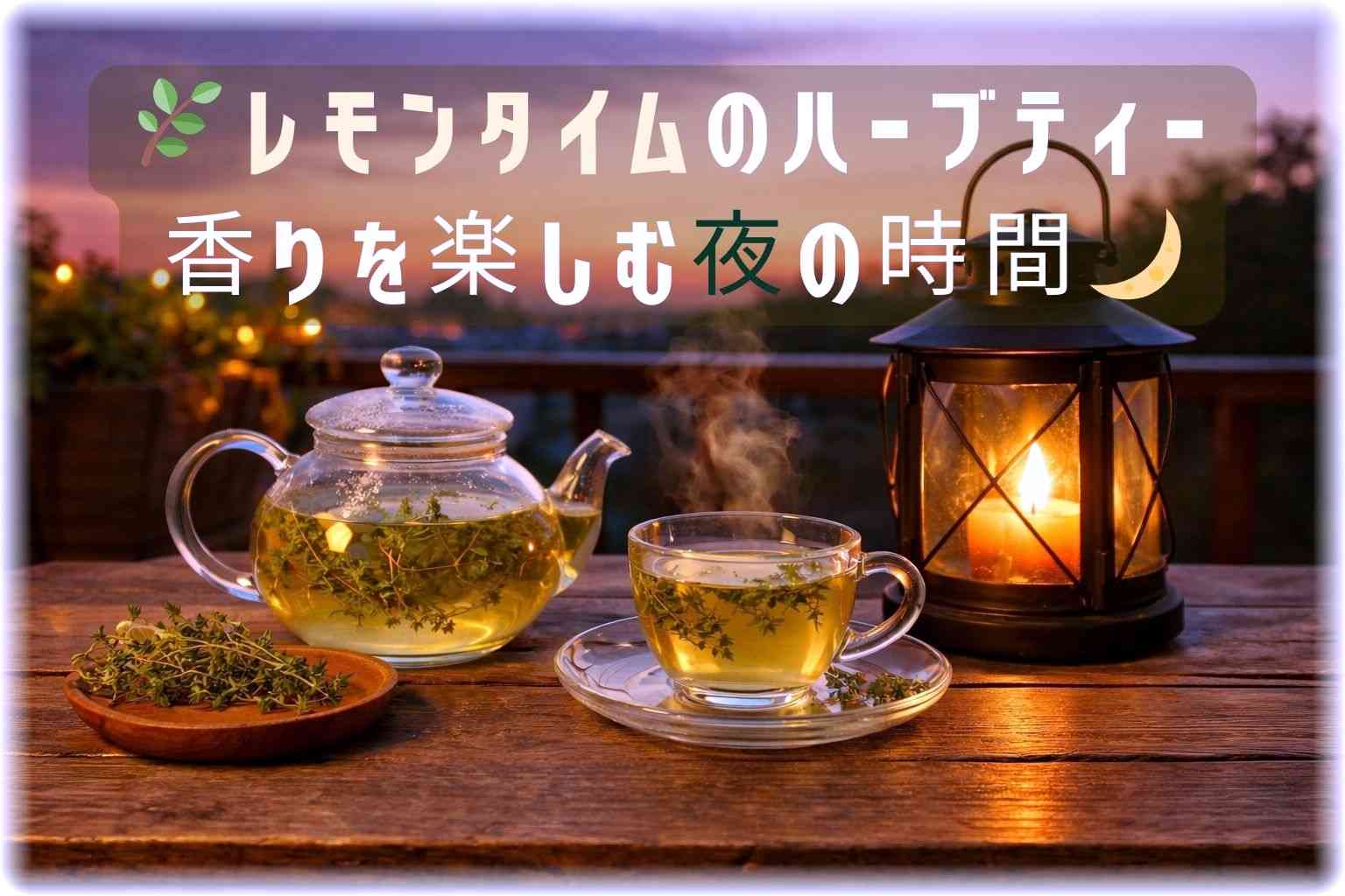 夕暮れのベランダの木製テーブルに置かれたレモンタイムのハーブティーと灯りのともるランタン