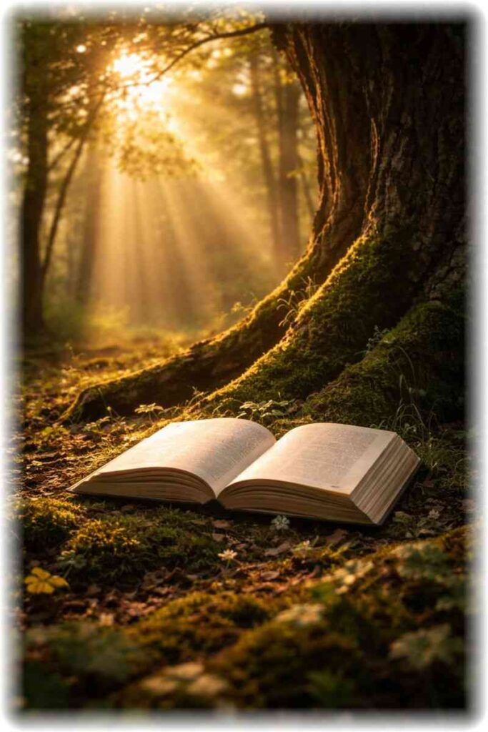 朝日が差し込む森の中で、大きな木の下に開かれた本が置かれている風景