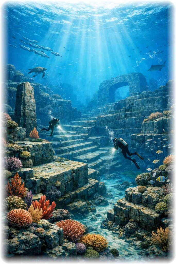 æ²çžã®æµ·äžã«åºãã巚倧ãªç³æ®µç¶ã®æµ·åºéºè·¡ãšç¥ç§çãªéãå
ã®é¢šæ¯ã€ã©ã¹ã