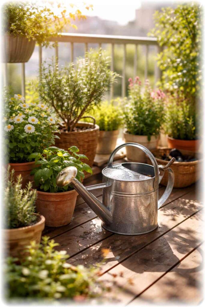 太陽の光が差し込むベランダで、ジョウロと鉢植えの植物が並んでいる様子