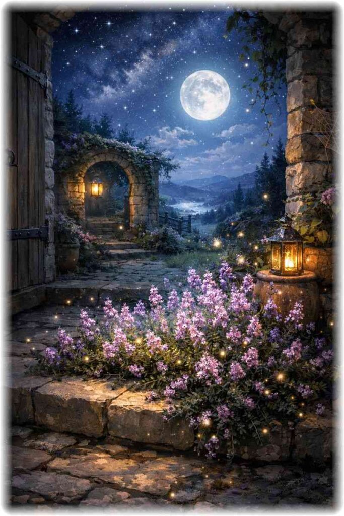 å€ä»£ãšãŒãããã®å®¶ã®å
¥å£ãšåºã®å¢ç®ã«æ€ããããã¿ã€ã ãææããã«ç
§ããããå¹»æ³çãªå€ã®é¢šæ¯ã®ã€ã©ã¹ã