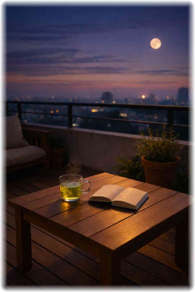 夕方から夜にかけてのベランダで、月の見える空を眺めながら、ガラスのマグカップのハーブティーと本が置かれた静かな風景