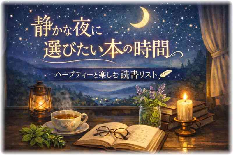 静かな夜に本を読む時間をイメージした、ハーブティーとセージの花が咲くフレッシュハーブを並べた読書風景
