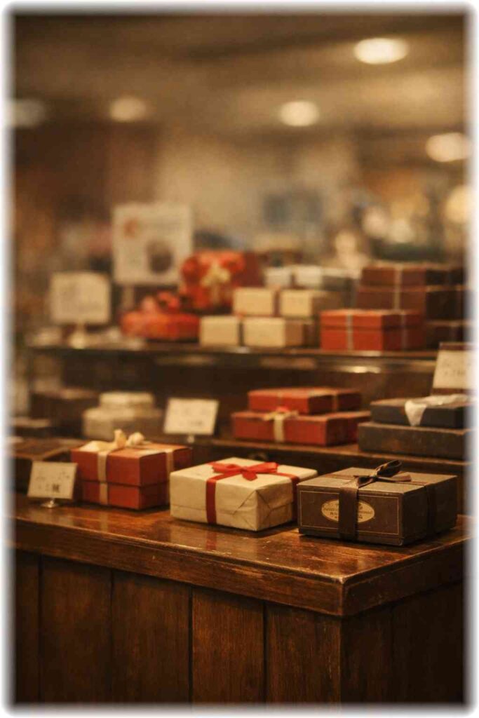 昭和期の百貨店で、バレンタインのチョコレートが並ぶ売り場の様子